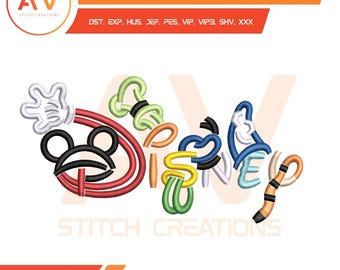 May include: An embroidery design featuring the word "DISNEY" in colorful thread, with a Mickey Mouse hand and head incorporated into the design. The design includes the text "EMBROIDERY DESIGN" and the logo of "AV STITCH CREATIONS".