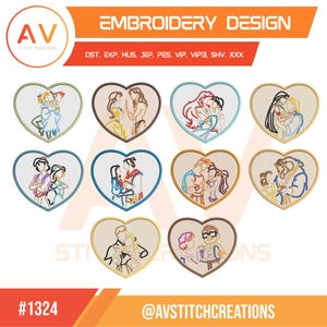 May include: A digital embroidery design collection featuring ten heart-shaped frames containing various animated character couples. The text reads EMBROIDERY DESIGN, file formats DST, EXP, HUS, JEF, PES, VIP, VIP3, SHV, XXX, #1324, and @AVSTITCHCREATIONS.