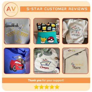 May include: A collage of embroidered items, including a gray sweatshirt with a menorah design and the words "Happy Hanukkah", a blue sweatshirt with a red car, and a white bib with a ship design and the name "Cooper". Other items include a pillow and a sweatshirt with the name "Steven".
