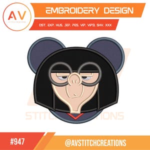 May include: An embroidery design featuring a cartoon character with black hair, glasses, and a stern expression. The design includes the text "EMBROIDERY DESIGN" and the logo of "AV Stitch Creations". The design is labeled with the number "#947".