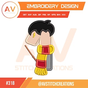 May include: Embroidery design featuring a cartoon character with black hair, a lightning bolt scar, and a red and yellow scarf. The design includes a wand and the text "EMBROIDERY DESIGN". The logo for AV Stitch Creations is also visible.