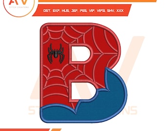 Spider Hero Letter B Applique Machine Embroidery Design, PES JEF DST 4x4 5x7 8x8
