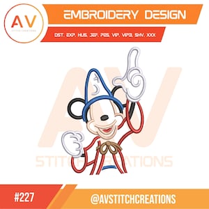 May include: An embroidery design featuring a cartoon character in a wizard's hat, pointing upwards. The design includes the text "EMBROIDERY DESIGN" and the logo of "AV STITCH CREATIONS". The design is in red, blue, white, and black.