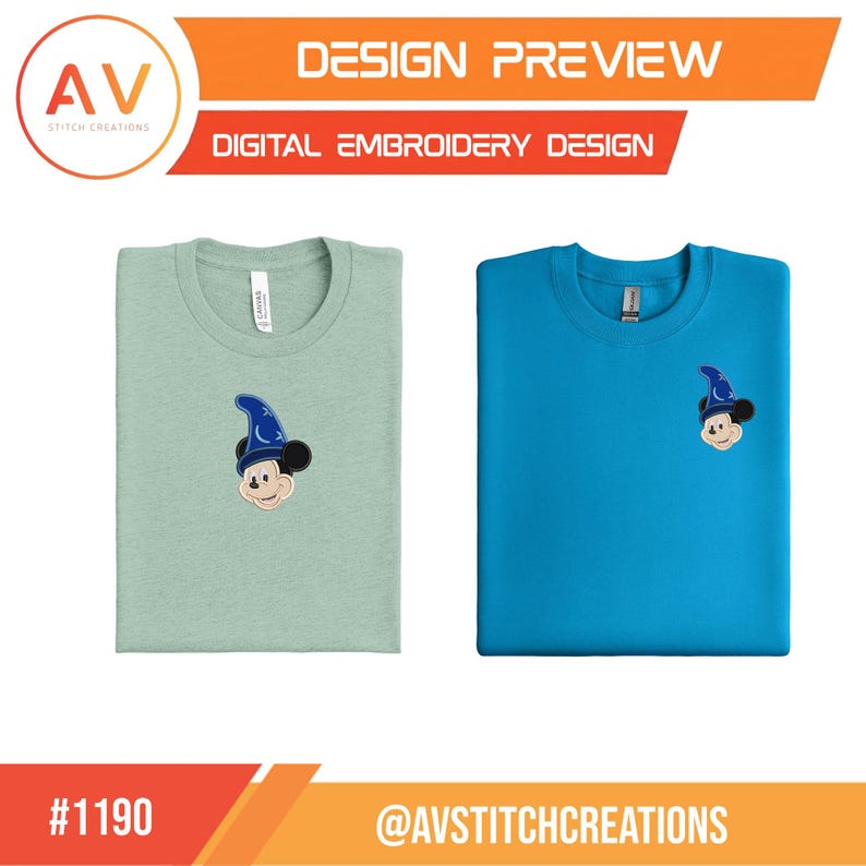 Op de afbeelding: Twee T-shirts, &eacute;&eacute;n in mintgroen en &eacute;&eacute;n in turquoise blauw, elk met een geborduurd Mickey Mouse-ontwerp met een tovenaarsmuts. De afbeelding bevat de tekst "DESIGN PREVIEW" en "DIGITAL EMBROIDERY DESIGN". Het merklogo "AV Stitch Creations" is ook zichtbaar.