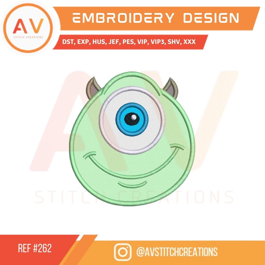262 Green Monster. Applique Embroidery Design. Machine Embroidery Design. Instant Download. 3 sizes. Hoop sizes 4x4. 5x7. 8x8.