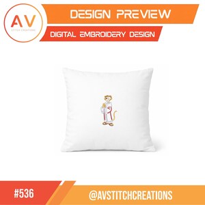 May include: White square pillow with an embroidered cartoon meerkat wearing a robe and holding a scroll. The pillow is a design preview for digital embroidery. The top of the image has the text "DESIGN PREVIEW" and "DIGITAL EMBROIDERY DESIGN".