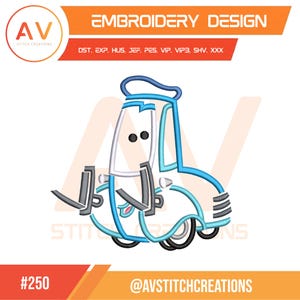 May include: An embroidery design featuring a cartoon car in shades of blue, white, and black. The design includes the text "EMBROIDERY DESIGN" and "AV STITCH CREATIONS". The image also includes the text "#250" and "@AVSTITCHCREATIONS".