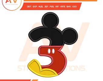 Baby Boy Mouse Number 3 Birthday Applique Machine Embroidery Design, PES JEF DST 4x4 5x7 8x8