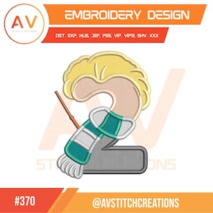 May include: An embroidery design featuring a stylized number 2 with a blonde hairstyle, a teal and white scarf, and a brown wand. The design includes the text "EMBROIDERY DESIGN" and the logo "AV STITCH CREATIONS".