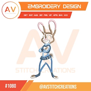 Op de afbeelding: Een borduurontwerp met een cartoonkonijn met gekruiste armen, in bruin, blauw en wit. Het ontwerp bevat de tekst "EMBROIDERY DESIGN" en "AV STITCH CREATIONS". Het ontwerp is gelabeld met het nummer "#1080" en de social media handle "@AVSTITCHCREATIONS".