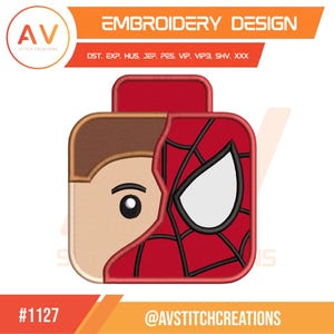 Brick Head Spider Hero Red Web Mask Applique Machine Embroidery Design, PES JEF DST 4x4 5x7 8x8
