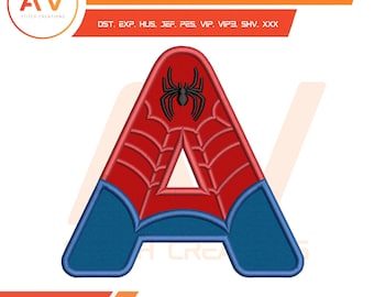 May include: An embroidered design featuring the letter "A" in red with a spiderweb pattern and a black spider. The bottom of the letter is blue. The design includes the text "EMBROIDERY DESIGN" and "AV STITCH CREATIONS".