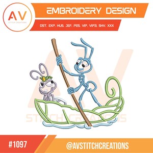 May include: Embroidery design featuring two cartoon ants in a boat. One ant is steering with a brown pole, while the other sits in the green and blue boat. The design includes the text "EMBROIDERY DESIGN" and "AV STITCH CREATIONS".