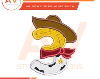 Sheriff Toy Western Held Zahl 3 dritter Geburtstag Maschinenstickerei Applikation, PES JEF DST 4x4 5x7 8x8