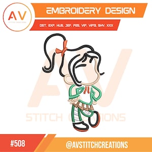 May include: Embroidery design featuring a cartoon character with black hair tied with an orange bow. The character wears a green jacket and brown pants. The design includes the text "EMBROIDERY DESIGN" and the number "#508".
