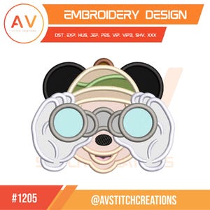 May include: An embroidery design of a cartoon character with black ears, looking through binoculars. The design includes the text "EMBROIDERY DESIGN" and the number "#1205". The logo for "AV STITCH CREATIONS" is also present.