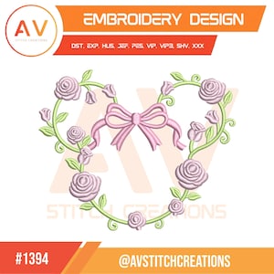 May include: An embroidery design featuring a heart-shaped vine with light purple roses and green leaves, centered with a light pink bow. The text reads EMBROIDERY DESIGN, DST, EXP, HUS, JEF, PES, VIP, VIP3, SHV, XXX, #1394, and @AVSTITCHCREATIONS.