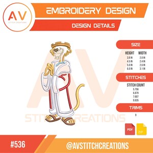 May include: Embroidery design featuring a lion-like character in white robes with red accents, wearing a crown. The design details include size and stitch count information. The text "EMBROIDERY DESIGN" is at the top, with the "AV STITCH CREATIONS" logo.