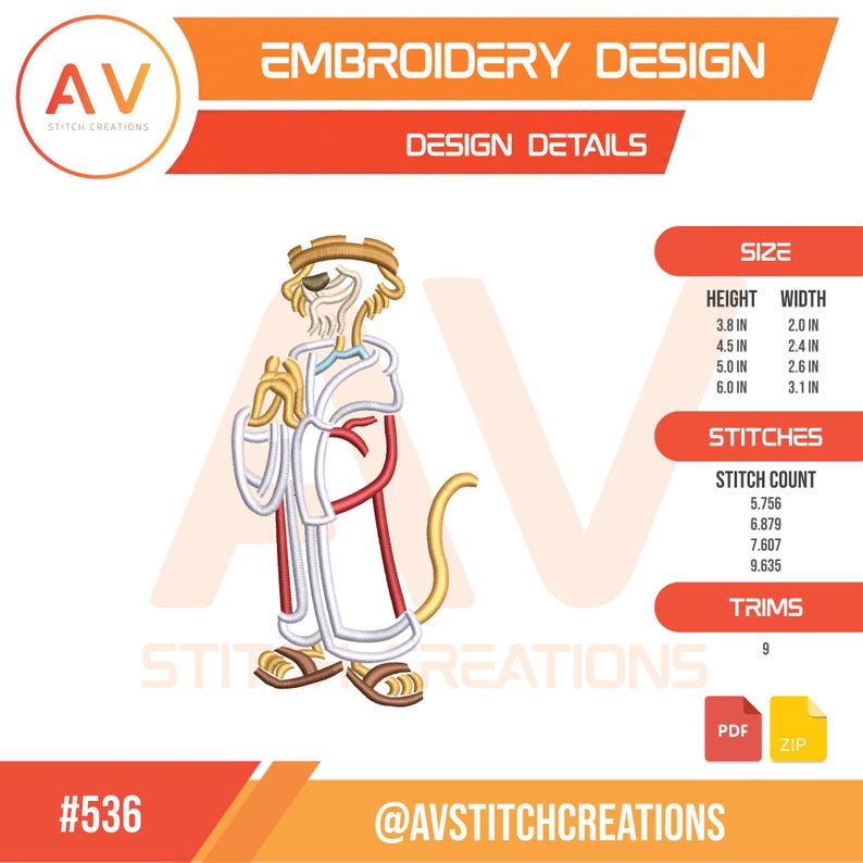 May include: Embroidery design featuring a lion-like character in white robes with red accents, wearing a crown. The design details include size and stitch count information. The text "EMBROIDERY DESIGN" is at the top, with the "AV STITCH CREATIONS" logo.