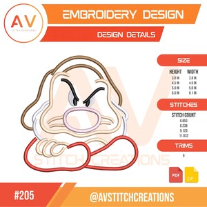 Puede incluir: Un dise&ntilde;o de bordado que muestra un personaje de dibujos animados con expresi&oacute;n gru&ntilde;ona, cabello casta&ntilde;o y brazos rojos cruzados. El texto incluye EMBROIDERY DESIGN, DESIGN DETAILS, SIZE, HEIGHT, WIDTH, STITCHES, STITCH COUNT, TRIMS, #205 y @AVSTITCHCREATIONS.
