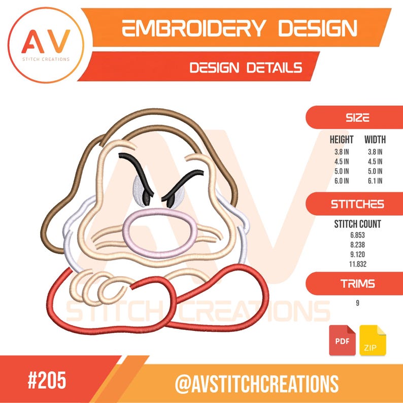 Puede incluir: Un dise&ntilde;o de bordado que muestra un personaje de dibujos animados con expresi&oacute;n gru&ntilde;ona, cabello casta&ntilde;o y brazos rojos cruzados. El texto incluye EMBROIDERY DESIGN, DESIGN DETAILS, SIZE, HEIGHT, WIDTH, STITCHES, STITCH COUNT, TRIMS, #205 y @AVSTITCHCREATIONS.