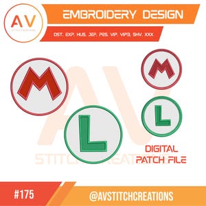 Puede incluir: Archivo de diseño de bordado digital #175 con parches circulares con letras M roja y L verde. Incluye el texto EMBROIDERY DESIGN, formatos de archivo DST, EXP, HUS, JEF, PES, VIP, VIP3, SHV, XXX, DIGITAL PATCH FILE y AV STITCH CREATIONS.