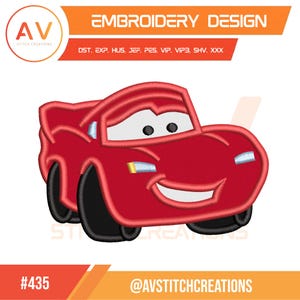 May include: A red cartoon car embroidery design with black tires and a smiling face. The design includes the text "EMBROIDERY DESIGN" and "AV STITCH CREATIONS". The design is labeled with the number "#435" and the Instagram handle "@AVSTITCHCREATIONS".