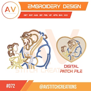 Könnte beinhalten: Eine Stickdatei mit einer digitalen Illustration eines tanzenden Paares, die Frau im gelben Kleid und der Mann im blauen Mantel. Das Design ist als Umriss und in einem herzförmigen Aufnäher dargestellt. Text: EMBROIDERY DESIGN, DST, EXP, HUS, JEF, PES, VIP, VIP3, SHV, XXX, DIGITAL PATCH FILE, #072, @AVSTITCHCREATIONS.