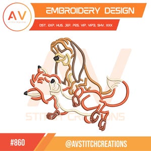 May include: An embroidery design showing two dogs in brown, orange, and cream. The design includes the text "EMBROIDERY DESIGN" and the number "860". The AV Stitch Creations logo is also visible.
