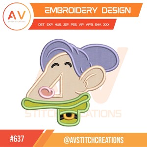 May include: An embroidery design featuring a cartoon-style number four with a mouse-like face. The design includes a light purple ear and hair, a pink nose, and a green collar. The text "EMBROIDERY DESIGN" is at the top, and "#637" and "@AVSTITCHCREATIONS" are at the bottom.