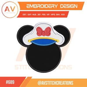 May include: An embroidery design of a black Mickey Mouse head wearing a white sailor hat with a red bow, gold brim, and blue band. The design includes the text "EMBROIDERY DESIGN" and "AV STITCH CREATIONS".