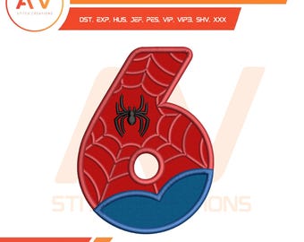May include: An embroidery design featuring the number six, with a red and blue color scheme. The number is designed with a spiderweb pattern and a black spider. The design includes the text "EMBROIDERY DESIGN" and the logo of "AV STITCH CREATIONS".