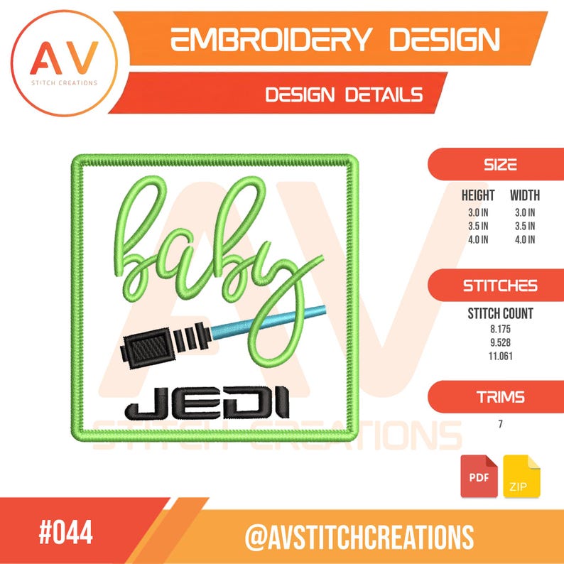 K&ouml;nnte beinhalten: Ein Stickdesign mit dem Wort "baby" in gr&uuml;ner Schrift, einem blauen Lichtschwert und dem Wort "JEDI" in schwarzen Blockbuchstaben. Das Design befindet sich in einem gr&uuml;nen quadratischen Rahmen. Erh&auml;ltlich in drei Gr&ouml;&szlig;en: 7,6 cm, 8,9 cm und 10,2 cm.