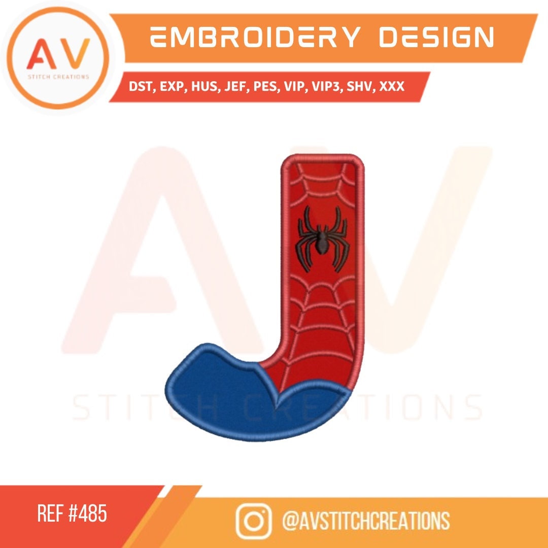 485 Spiderman Letter J. Embroidery Applique. Machine Embroidery. Birthday Embroidery. 3 sizes. Hoop sizes 4x4. 5x7. 8x8.