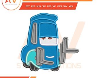 Blue Pit Stop Forklift Italian Tire Expert Racing Team Applique Machine Embroidery Design, PES JEF DST 4x4 5x7 8x8 Hoops