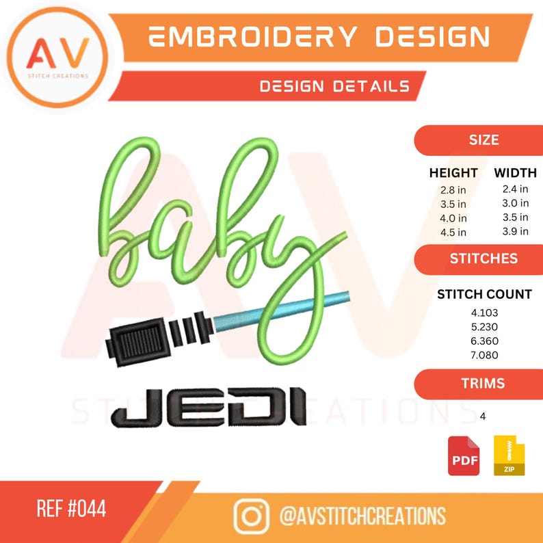 K&ouml;nnte beinhalten: Ein Stickdesign mit dem Wort "baby" in gr&uuml;ner Schrift, einem blauen Lichtschwert und dem Wort "JEDI" in schwarzen Blockbuchstaben. Enth&auml;lt Gr&ouml;&szlig;en- und Stichzahldetails. Das Design ist 7,1 bis 11,4 cm hoch.