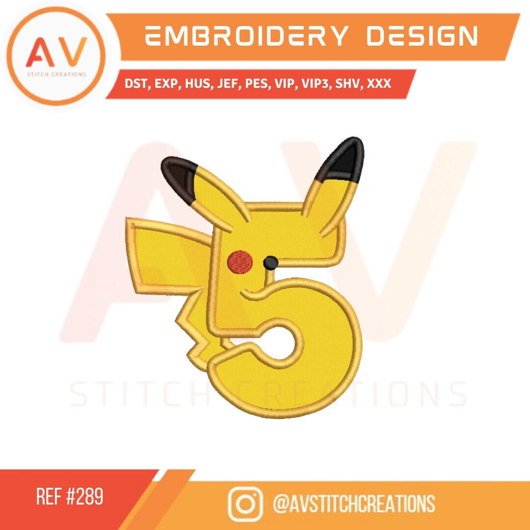 289 Pikachu Number 5. Pokemon Embroidery Applique. Machine Embroidery ...