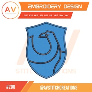 May include: A blue shield-shaped embroidery design with a stylized black bird graphic. The design is labeled "EMBROIDERY DESIGN" and includes the text "AV STITCH CREATIONS". The number "#200" and the social media handle "@AVSTITCHCREATIONS" are also present.
