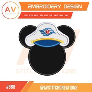 Desenho de bordado à máquina com aplique de cabeça de rato e chapéu de marinheiro, para viagens marítimas, disponível nos formatos PES, JEF e DST, nos tamanhos 4x4, 5x7 e 8x8.