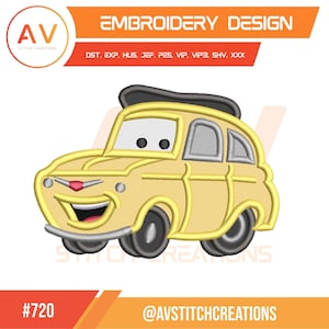 May include: Yellow cartoon car embroidery design with black tires, a smiling face, and the text "EMBROIDERY DESIGN". The design includes the text "AV STITCH CREATIONS", "#720", and "@AVSTITCHCREATIONS".