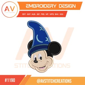 May include: An embroidery design featuring a cartoon mouse wearing a blue wizard hat with stars and a crescent moon. The design includes the text "EMBROIDERY DESIGN" and the logo of AV Stitch Creations. The design number is #1190.