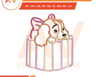 Diseño de bordado a máquina "Preciosa caja de regalo para cachorros" con diseño de mujer perruna, PES JEF DST 4x4 5x7 8x8
