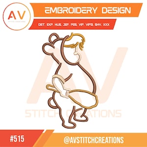 Puede incluir: Un diseño de bordado con un oso de dibujos animados sosteniendo un globo. El diseño está delineado en marrón, con detalles beige y dorados. El texto "EMBROIDERY DESIGN" está en la parte superior, y el diseño es de AV Stitch Creations.