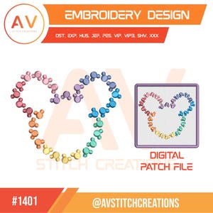 May include: An embroidery design featuring a rainbow-coloured outline of a mouse head shape composed of small circles. The design includes the text EMBROIDERY DESIGN, file formats DST, EXP, HUS, JEF, PES, VIP, VIP3, SHV, XXX, and DIGITAL PATCH FILE.