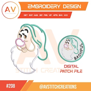 May include: An embroidery design file featuring a cartoon character with a white beard, a teal hat, and a pink circular shape near the mouth. The design includes a circular patch version with the text BASHFUL and file formats DST, EXP, HUS, JEF, PES, VIP, VIP3, SHV, XXX.