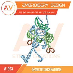 May include: An embroidery design featuring a whimsical cartoon character in shades of blue and green, with brown accents. The design includes the text "EMBROIDERY DESIGN" and the logo "AV STITCH CREATIONS". The design is labeled with the number "#1093".