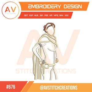 May include: An embroidery design featuring a stylized figure in a heroic pose. The design is primarily beige and white, with brown hair and a gray arm. The text "EMBROIDERY DESIGN" is at the top, and the design number is "#676". The logo for AV Stitch Creations is in the upper left.