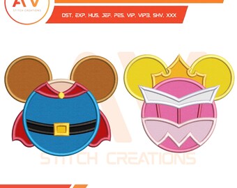 Fairytale Couple Mouse Ears Pink Crown Royal Knight Applique Machine Embroidery Design, PES JEF DST 4x4 5x7 8x8 Hoops