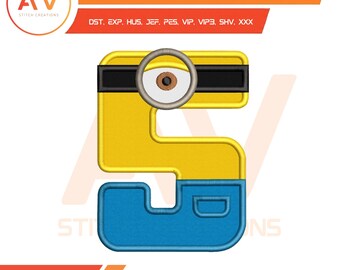 Yellow Buddy Number 5 Birthday Boy Applique Machine Embroidery Design, PES JEF DST 4x4 5x7 8x8