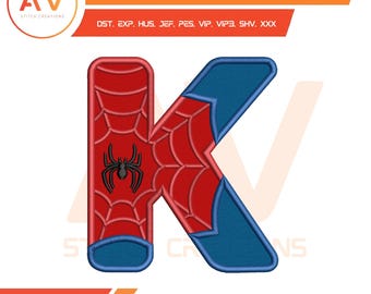 May include: An embroidery design featuring the letter "K" in a superhero theme. The letter is red with a spiderweb pattern and a black spider, with blue accents. The design includes the text "EMBROIDERY DESIGN" and the logo "AV STITCH CREATIONS".